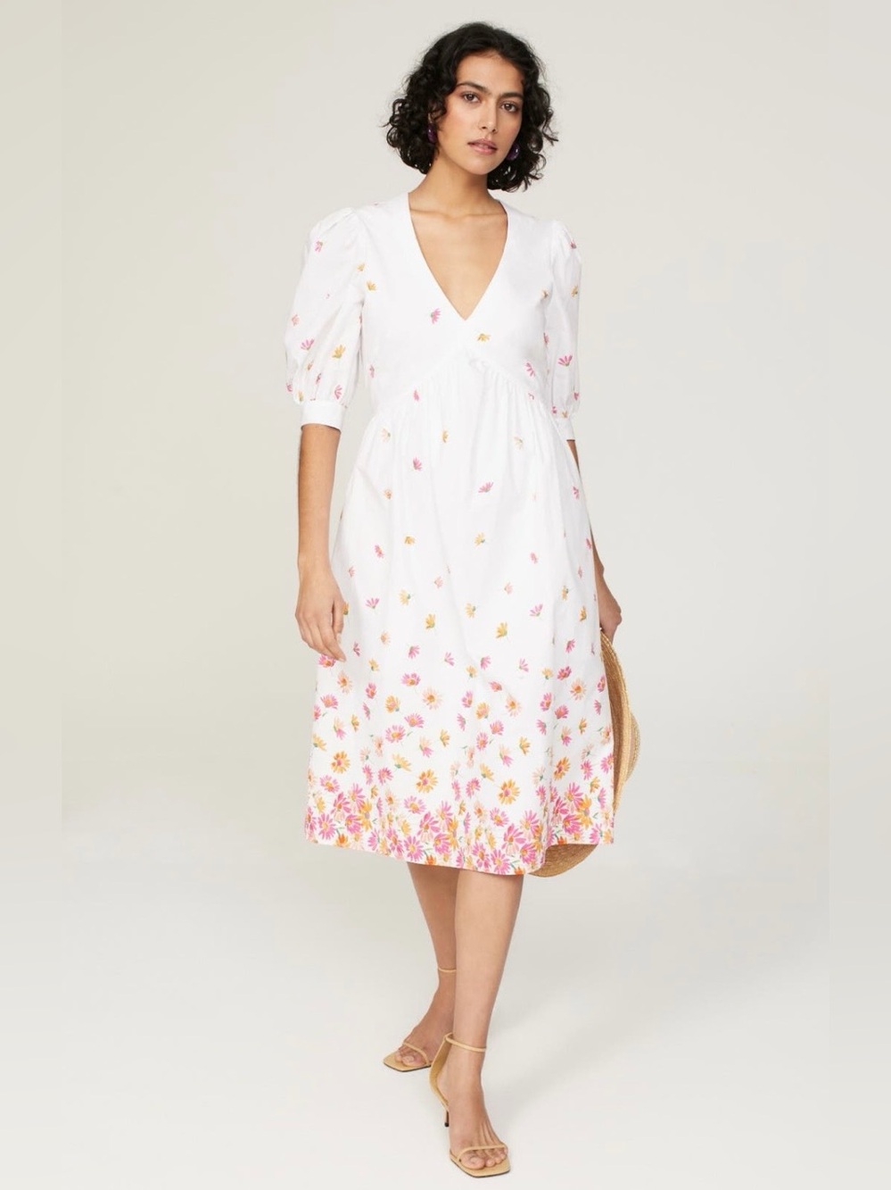 Arias New York~White Floral Gathered Midi Dress~Size 4~$650~